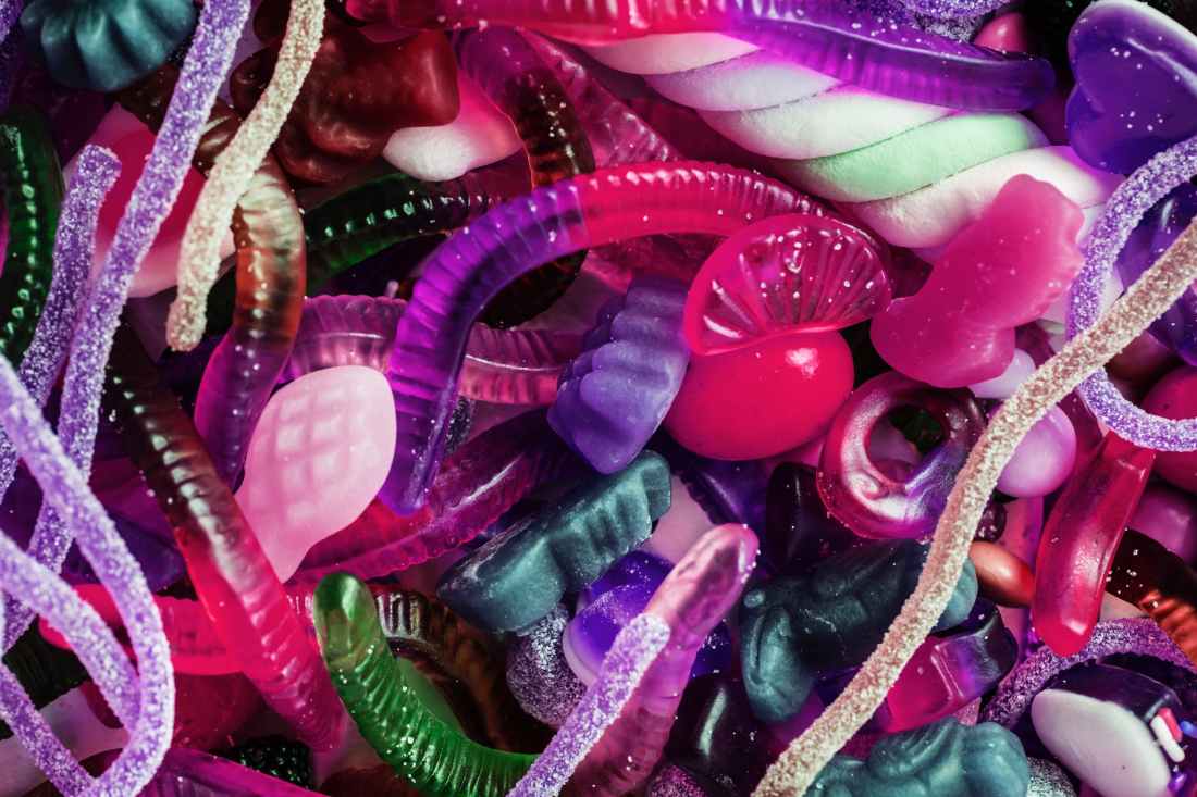 variety of pink and purple gummy candy